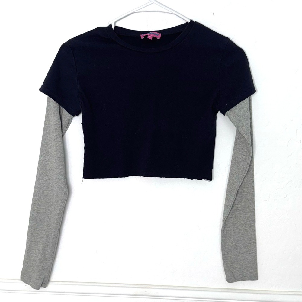 Edikted Layered Crop Top Women XS Black Grey Y2K Grunge Long‎ Sleeve Raw Hem